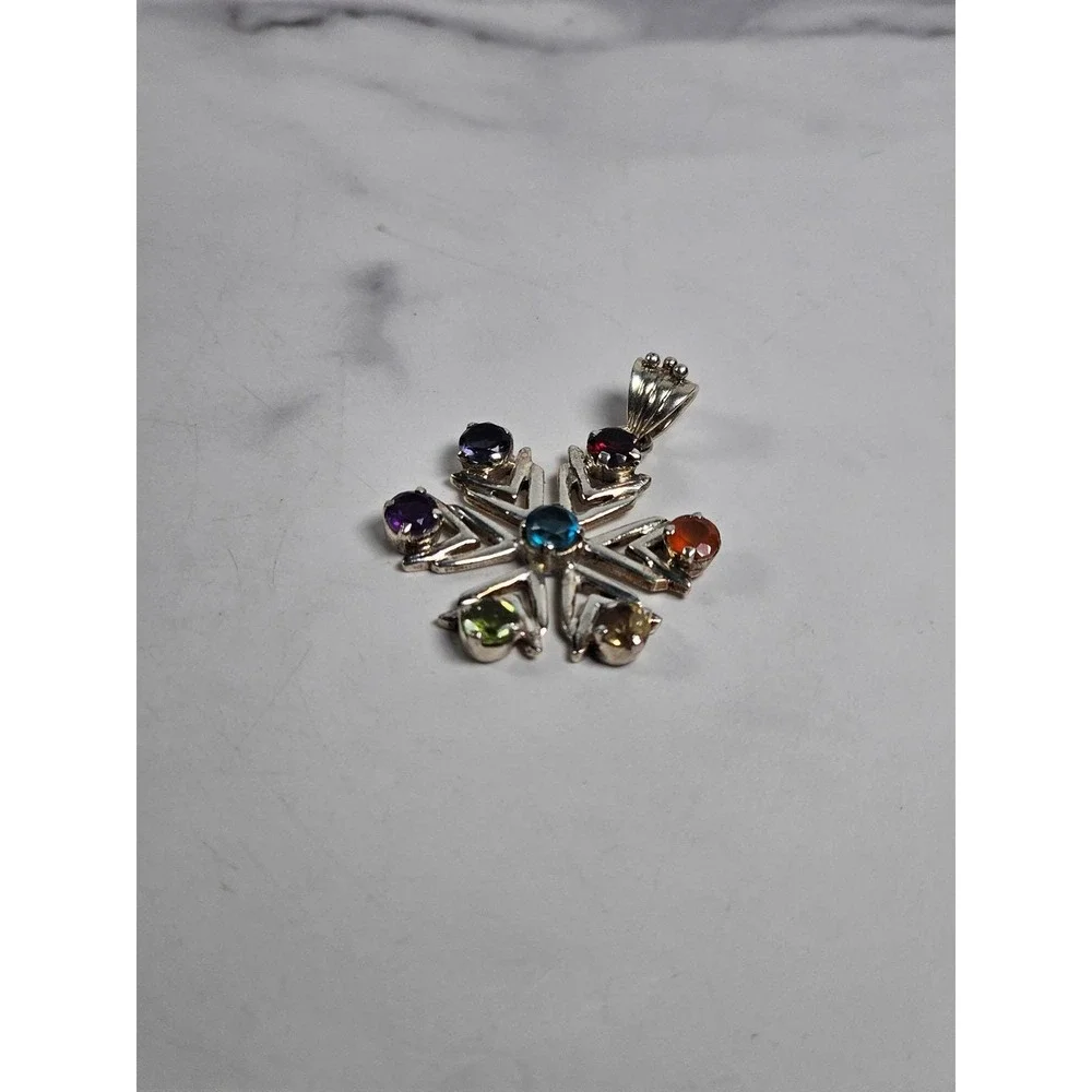 Vintage Sterling Silver Multistone Snowflake Pendant | Colorful Gemstone Charm - Picture 5 of 7
